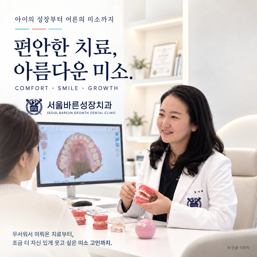 서울바른성장치과 상담 장면(AI 연출 이미지), 편안한 치료, 아름다운 미소