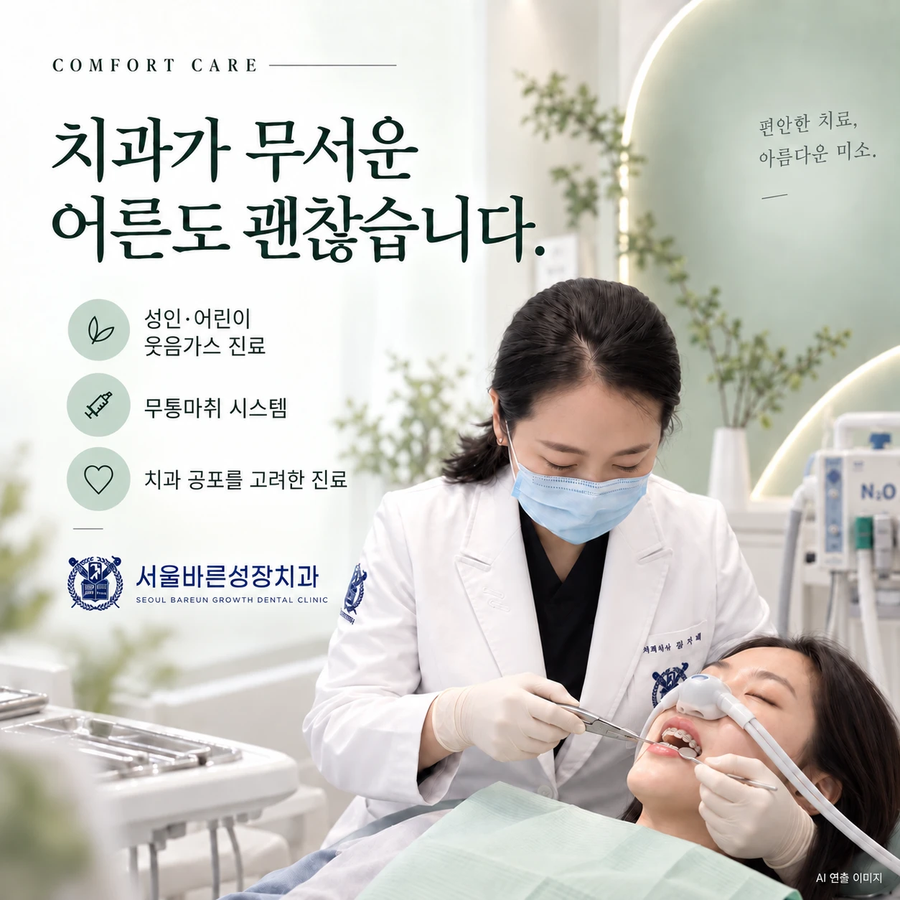 웃음가스 코마스크를 쓰고 진료받는 장면(AI 연출 이미지), 치과가 무서운 어른도 괜찮습니다