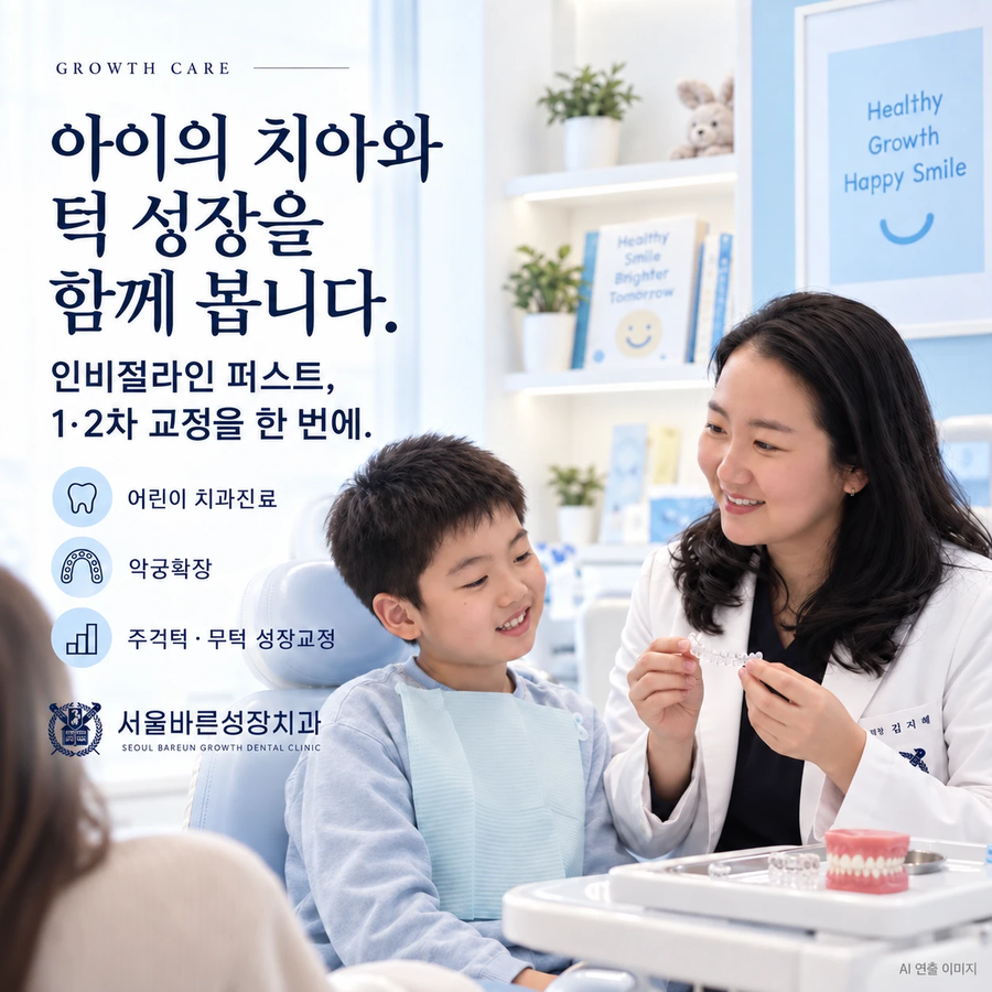 아이와 원장이 교정장치를 보며 상담하는 장면(AI 연출 이미지), 아이의 치아와 턱 성장을 함께 봅니다